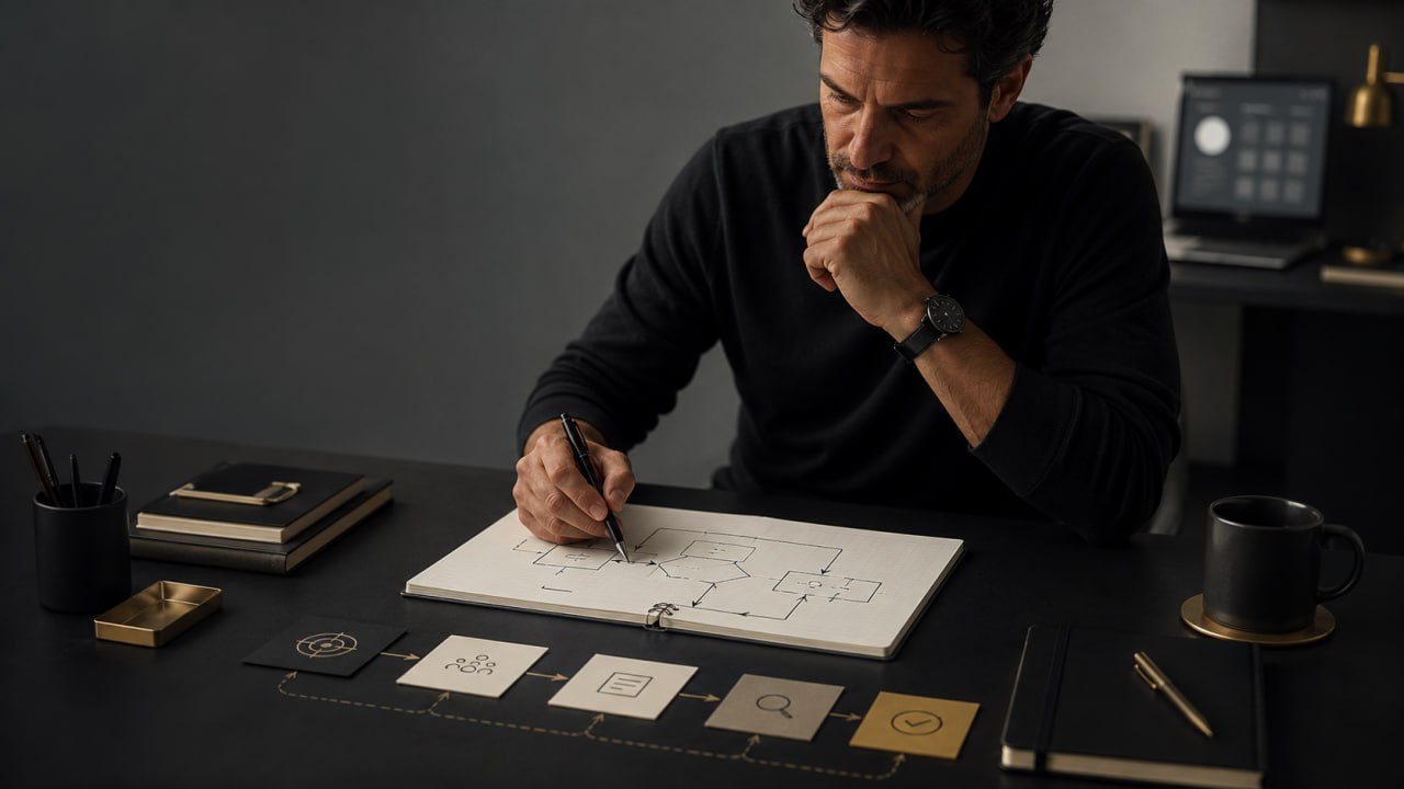 Imagem editorial sóbria sobre uma pessoa desenhando um fluxo de trabalho com IA, usando cartões, setas e uma tela discreta, em tons de carvão, creme e dourado.