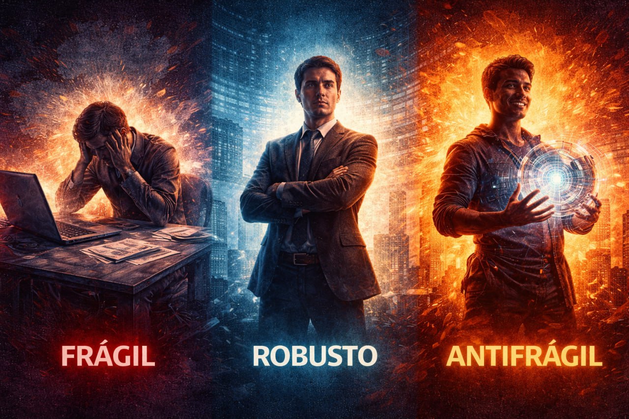 Antifragilidade na era da IA - três perfis de profissionais: frágil, robusto e antifrágil