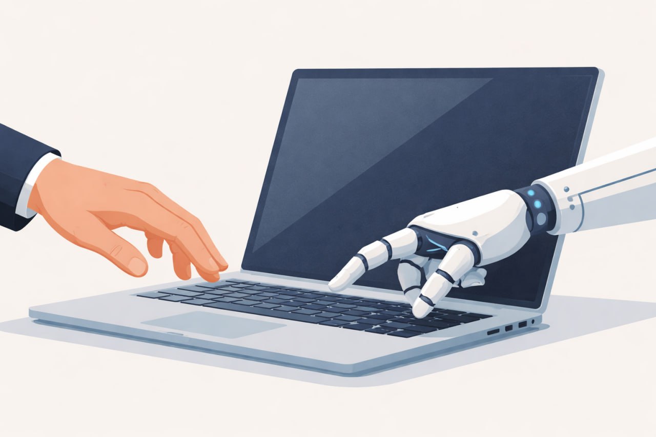 Mão humana e mão robótica sobre teclado de computador — metáfora para delegação de tarefas à IA